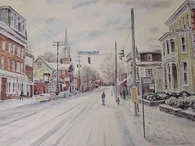 Looking toward the west along Main Street from Academy Street. A beautiful watercolor by Delaware artist James McGlynn. (Uploaded by Mike Dutton)